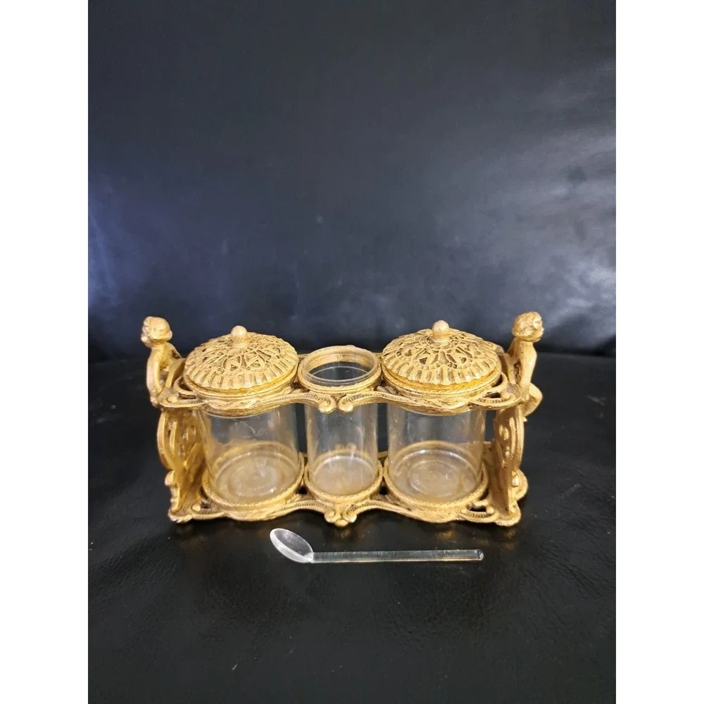 Vintage Set‎ Glass Brass Ornate Condiment Jars On Tray With Angels Cruet Carafe